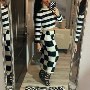 BCBG MaxAzria fuzzy striped sweater and checkered skirt RARE AND FABULOUS S M